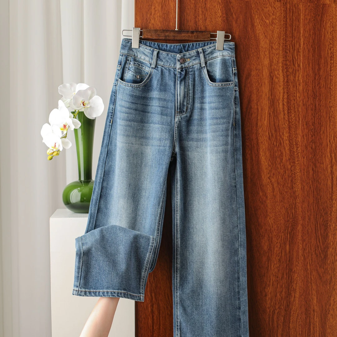 2025春夏新品直筒水洗做旧女士微弹中腰拉链口袋垂感牛仔裤