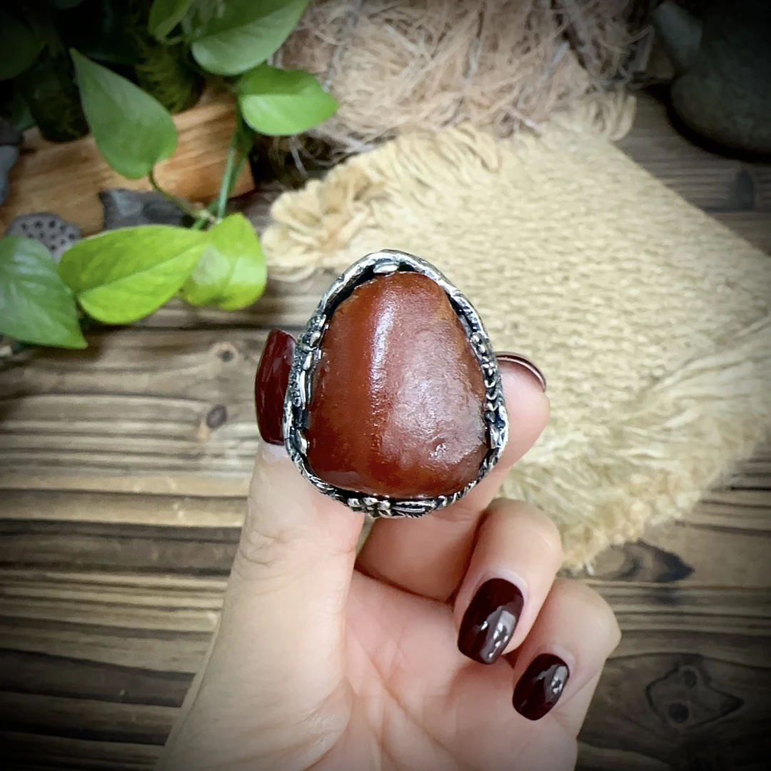 【古香古色】复古s925银蜜蜡琥珀戒指（开口可调节）