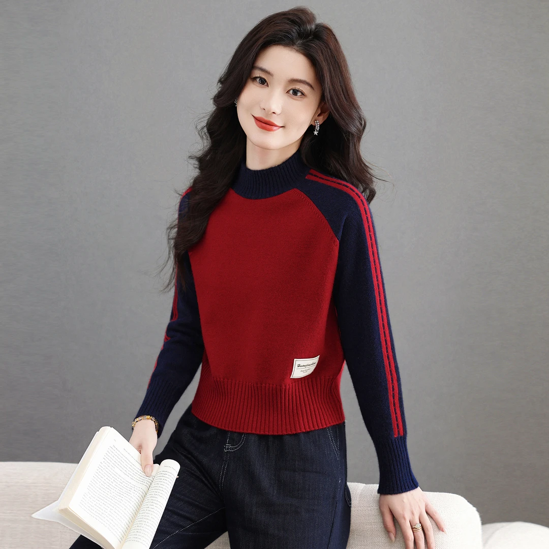 2025秋冬打底衫女装半高领拼色气质百搭套头毛衣冬季内搭针织衫