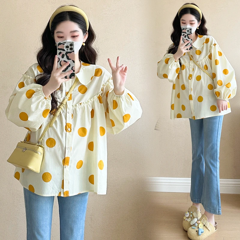 孕妇装春装上衣时尚2025春季新款孕妇韩版拼接圆点宽松娃娃衫上衣