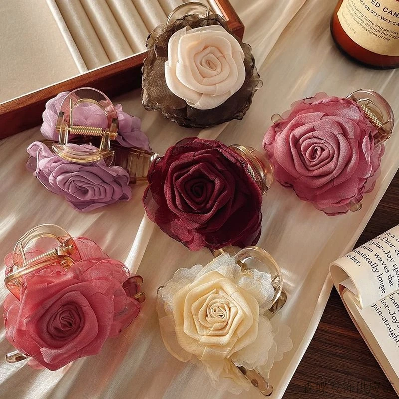 2025新款复古玫瑰花花朵抓夹女款新中式高级感小花发夹鲨鱼夹发饰