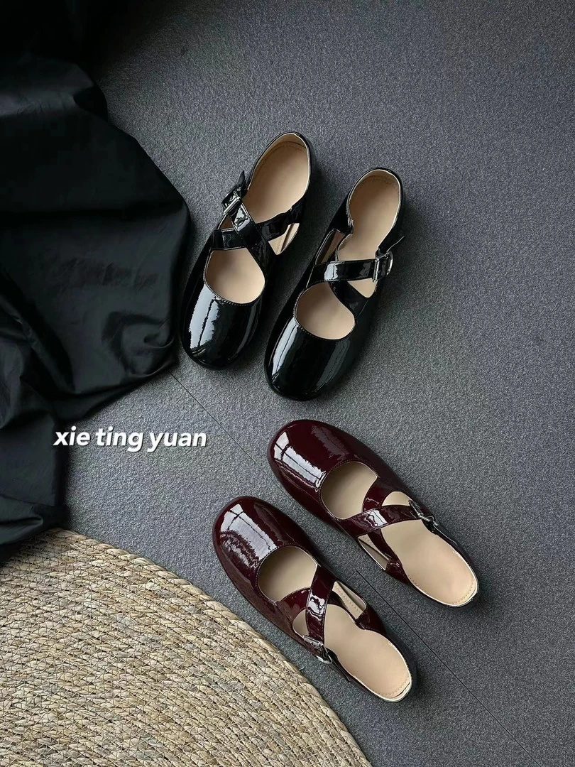 微瑕交叉带圆头软玛丽珍女鞋浅口平底单鞋0518