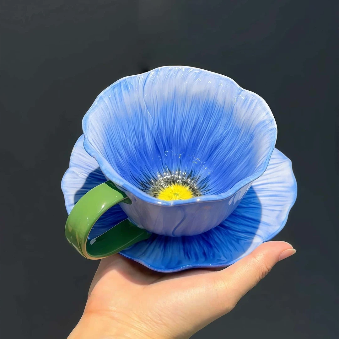 虞美人花朵陶瓷杯纹理铃兰花咖啡杯套装陶瓷马克杯釉下彩水杯现货