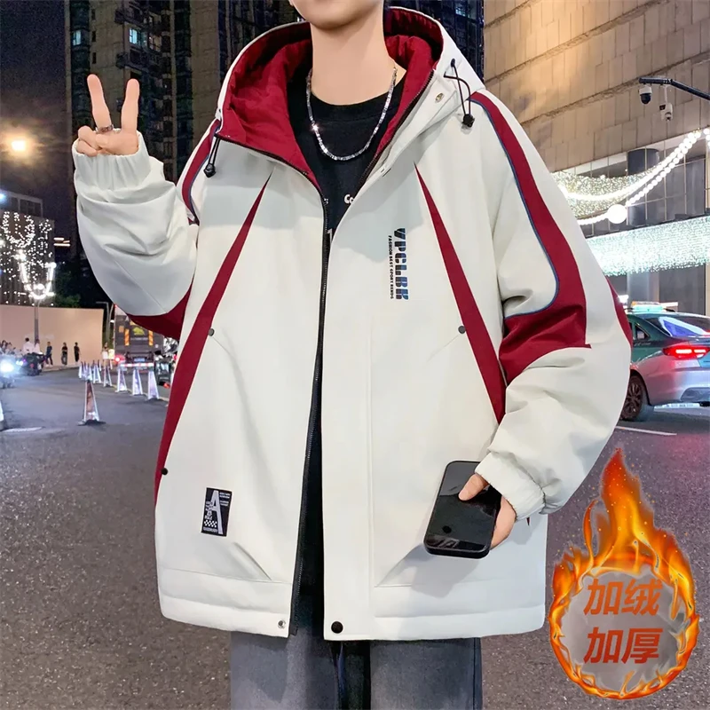 冬季青少年男士加绒加厚连帽夹克时尚潮流百搭学院风保暖学生外套