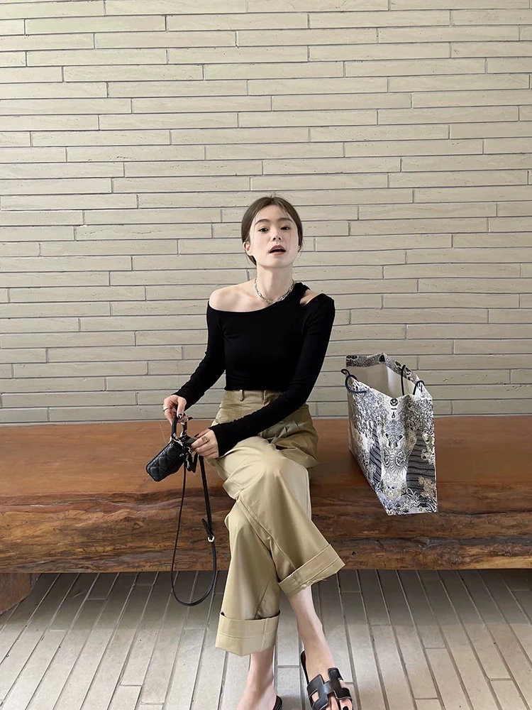 轻熟风斜领修身长袖上衣高腰垂感阔腿裤套装