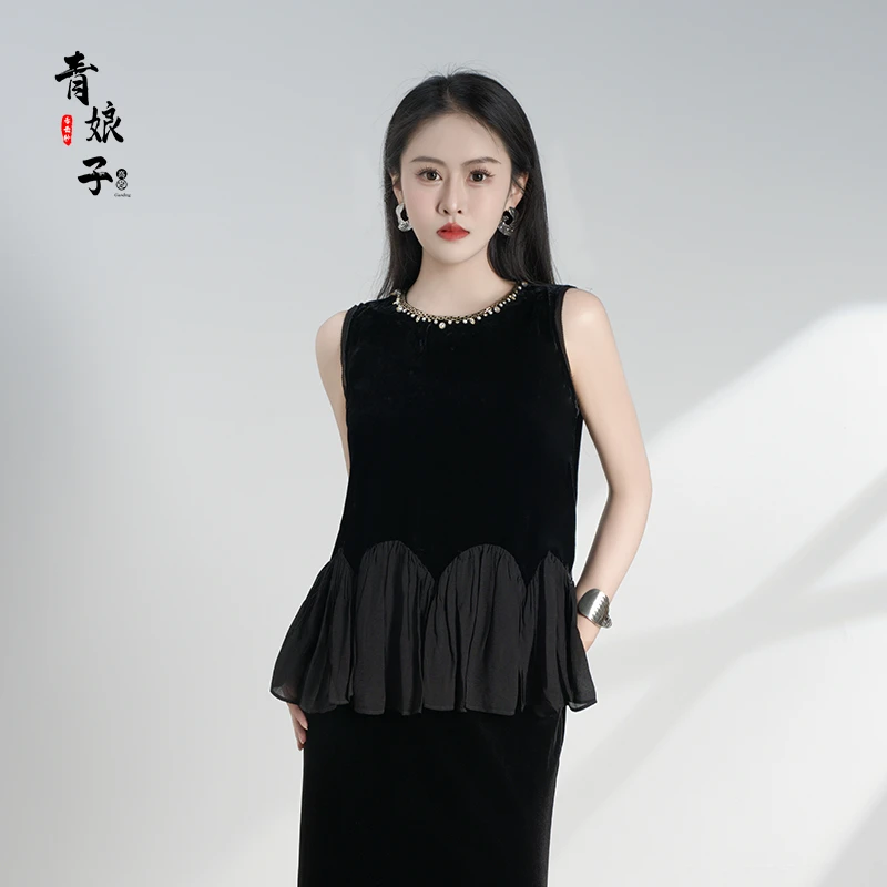 青娘子丝绒（蕉雨）拼接串珠年轻款国风春夏休闲圆领无袖上衣-60998