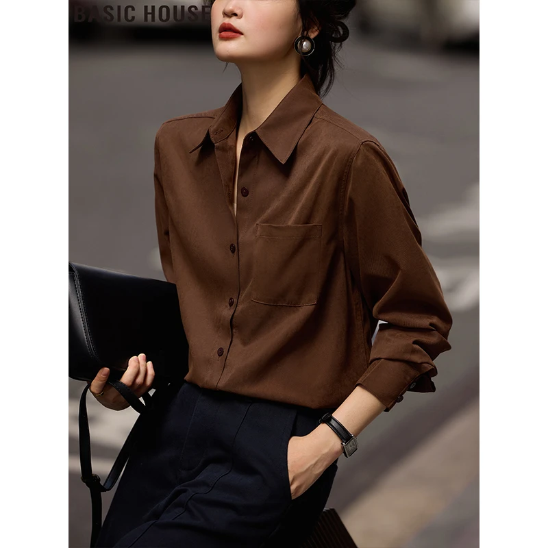 Basic House/百家好美拉德棕色polo领长袖衬衫复古衬衣女2026春季