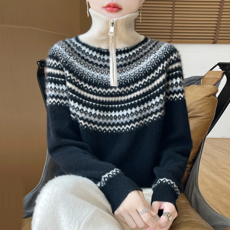 羊毛休闲风提花常规宽松型常规款毛衣打底衫高领毛秋冬