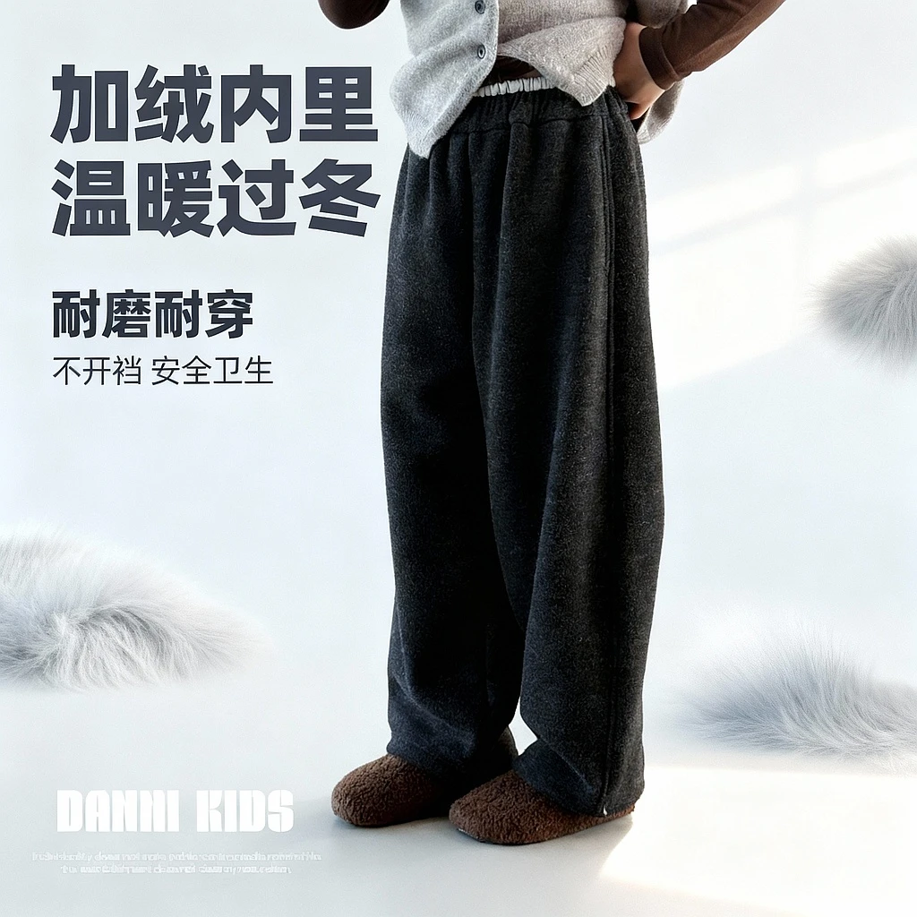 嗒囜【暖得从容，动得自在】加绒加厚 耐磨儿童冬装宽松直筒休闲裤