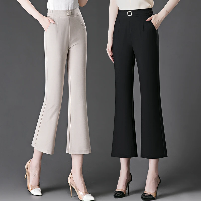 松紧腰休闲裤女士2025夏季新款宽松微喇裤高腰显瘦鱼尾裤九分裤子