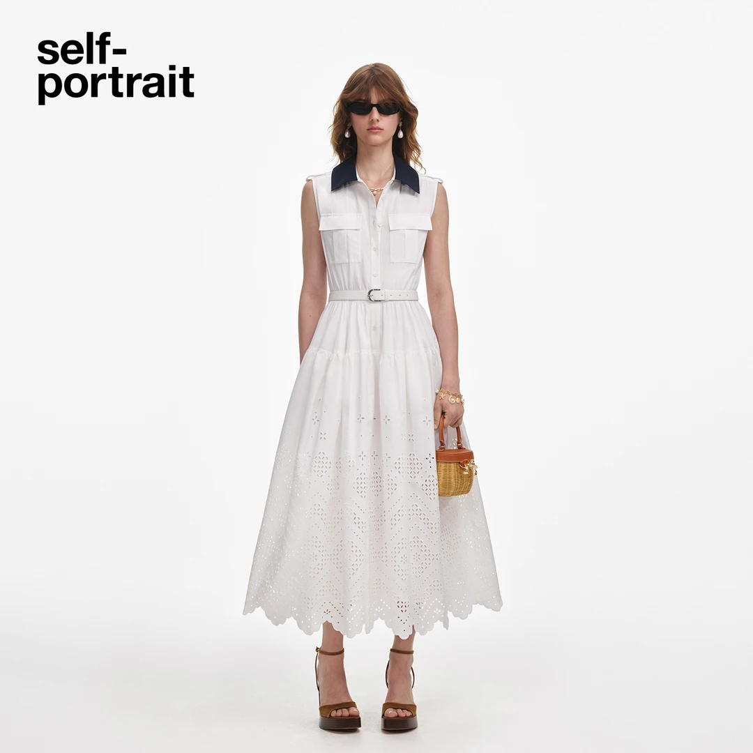 self-portrait 25秋新款流光风纯净白翻领棉感蕾丝无袖衬衫连衣裙