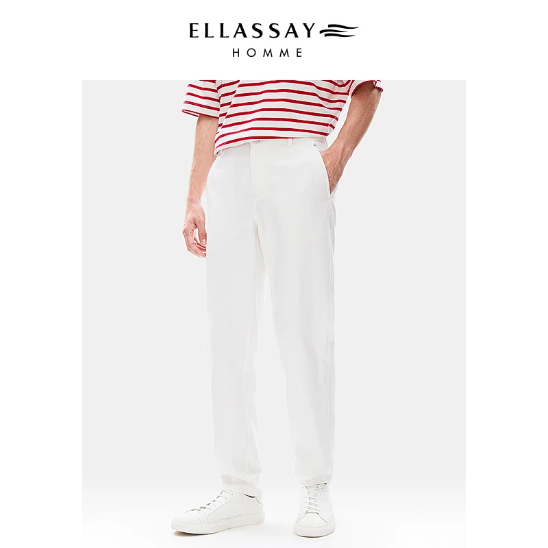 ELLASSAY歌力思男装直筒纯棉斜纹白色牛仔长裤男EME352K03100裤子