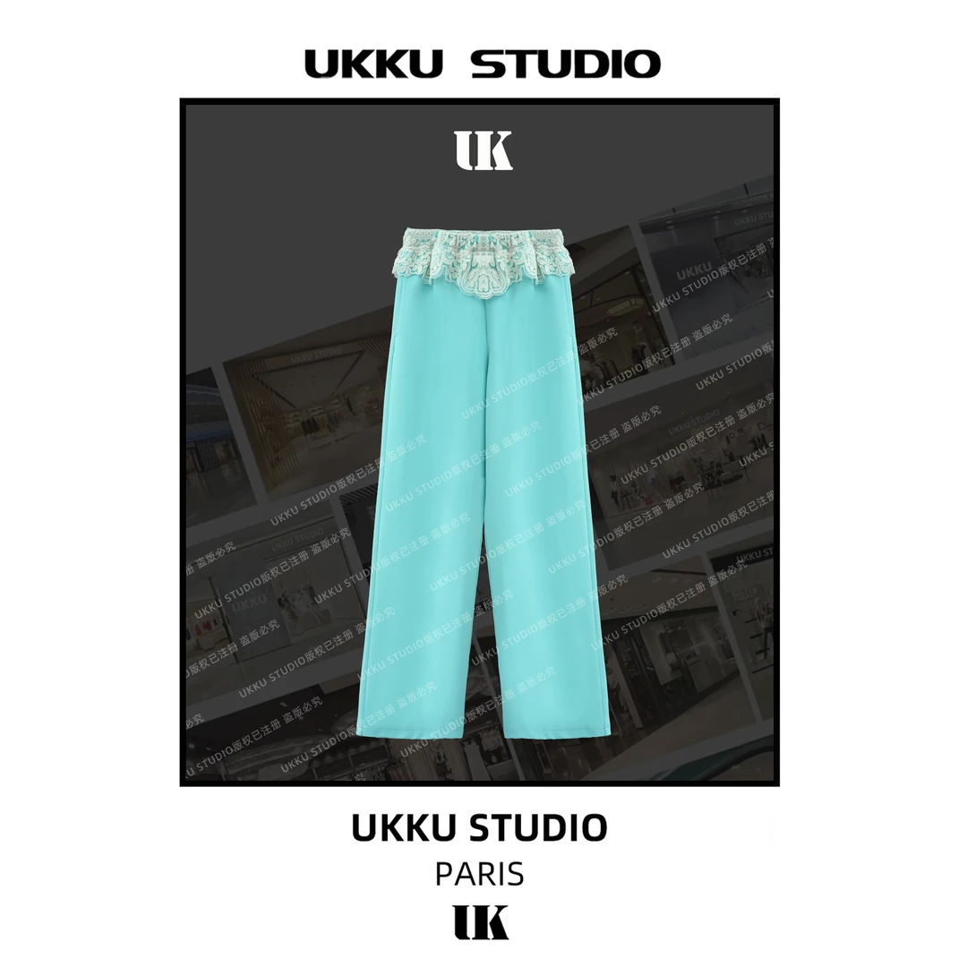 LILI【UKKUSKUDIO】网红气质修身时尚蓝色显白女神长裤613535