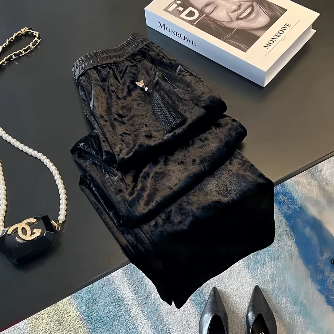 【D乐】订单款春季新款新中式丝绒裤子国风高级感超垂感微阔直筒裤