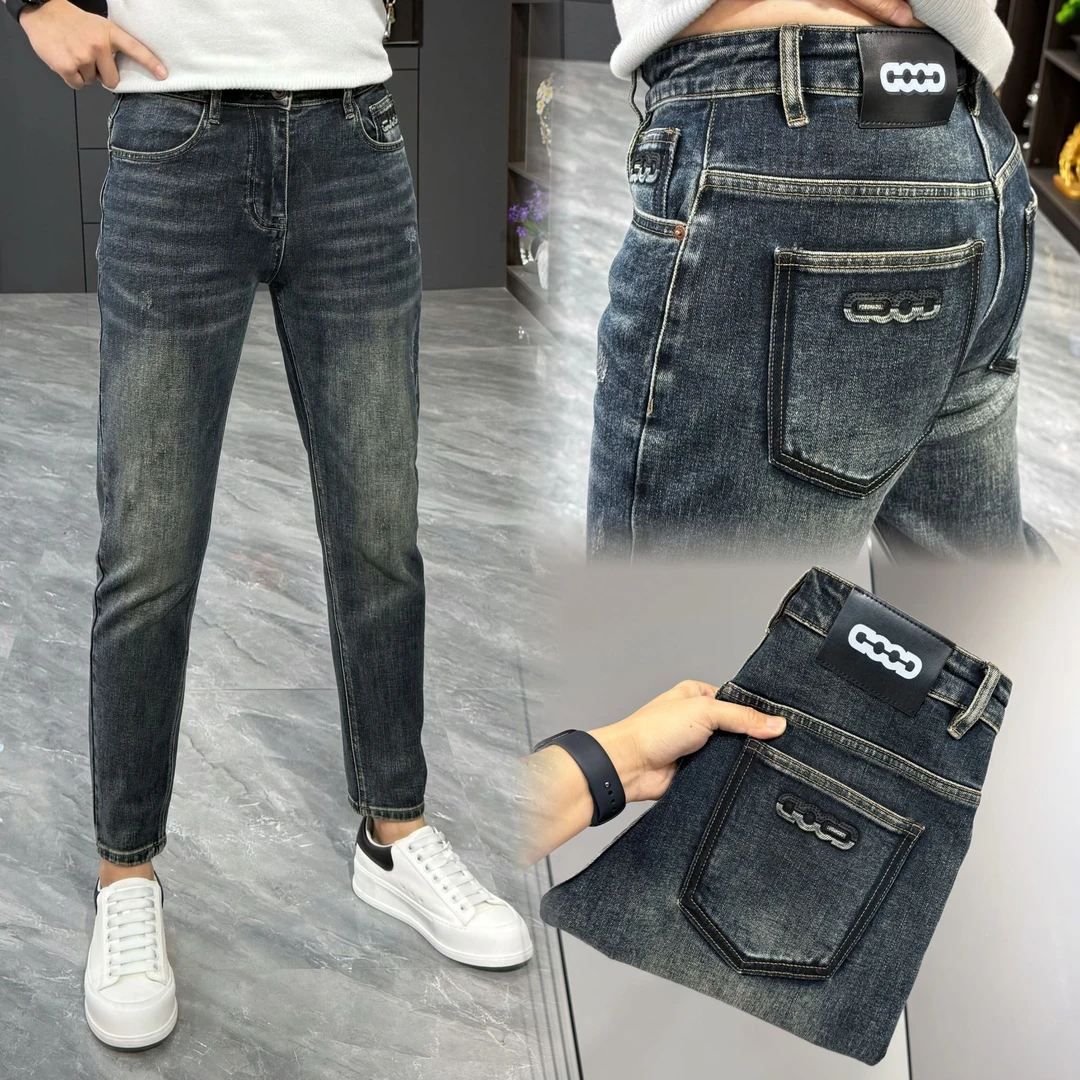 冬季男士百搭简约时尚小脚牛仔裤修身显瘦时尚明线水洗牛仔长裤男