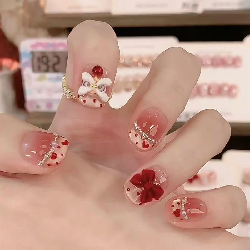 【心悦醒狮】手工穿戴甲抖音猫眼腮红爱心法式高级感新年美甲本甲