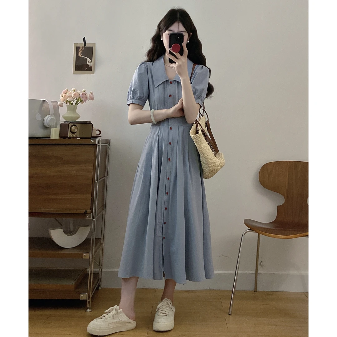 大码夏季清新减龄气质收腰显瘦连衣裙通勤POLO领衬衣长裙