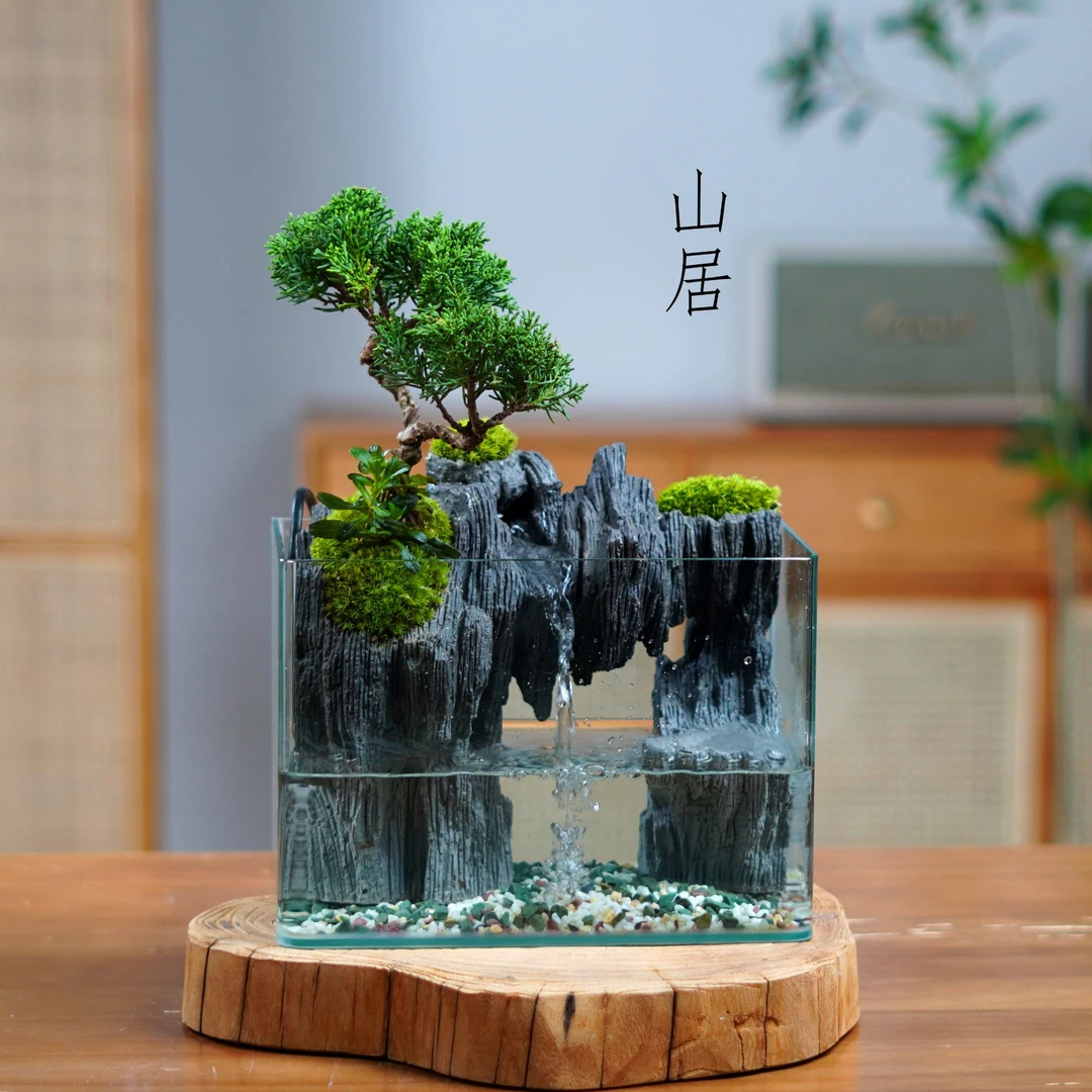 【山居】内置循环流水-济州真柏桌面景观创意懒人植物微景观养护