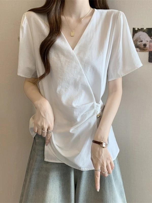 V领正肩短袖衬衫女2025夏季大码胖mm不规则洋气掐腰显瘦白色上衣