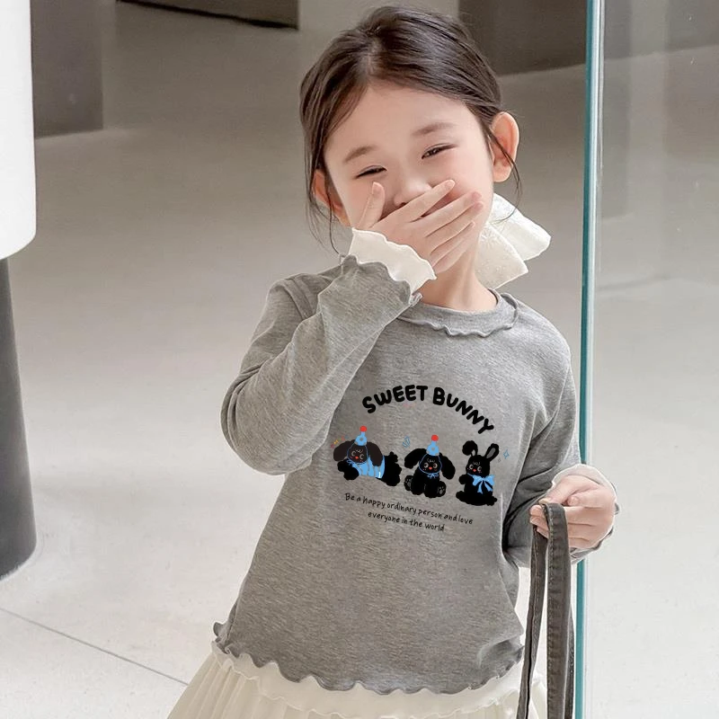 女童春秋季新款纯色百搭拼接木耳边圆领长袖T恤儿童修身打底衫