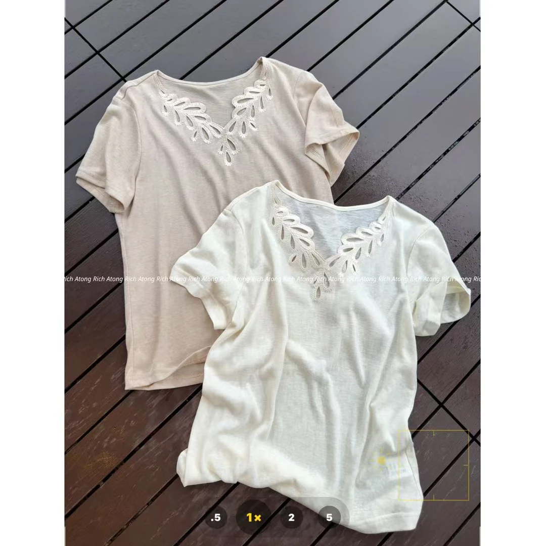 atong/阿彤-【镂空T 】-2025 高密府绸棉领口镂空短袖0607-05