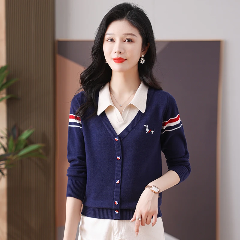 小香风春秋高档假两件2025新款洋气打底衫女内搭撞色针织衫可外穿