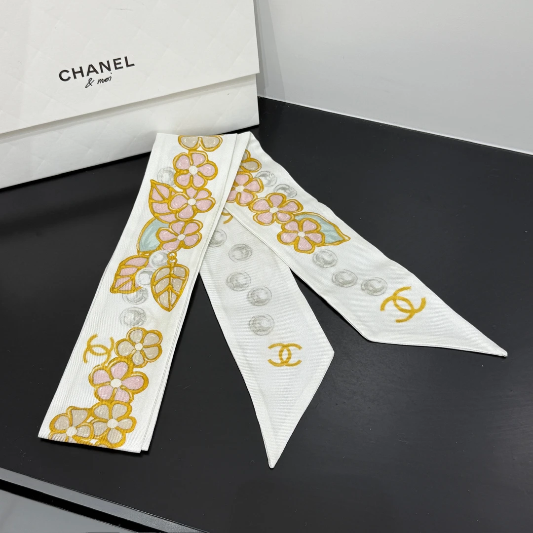 未使用 Chanel/香奈儿 25A黄色拼白色双C丝巾绑巾 twiily