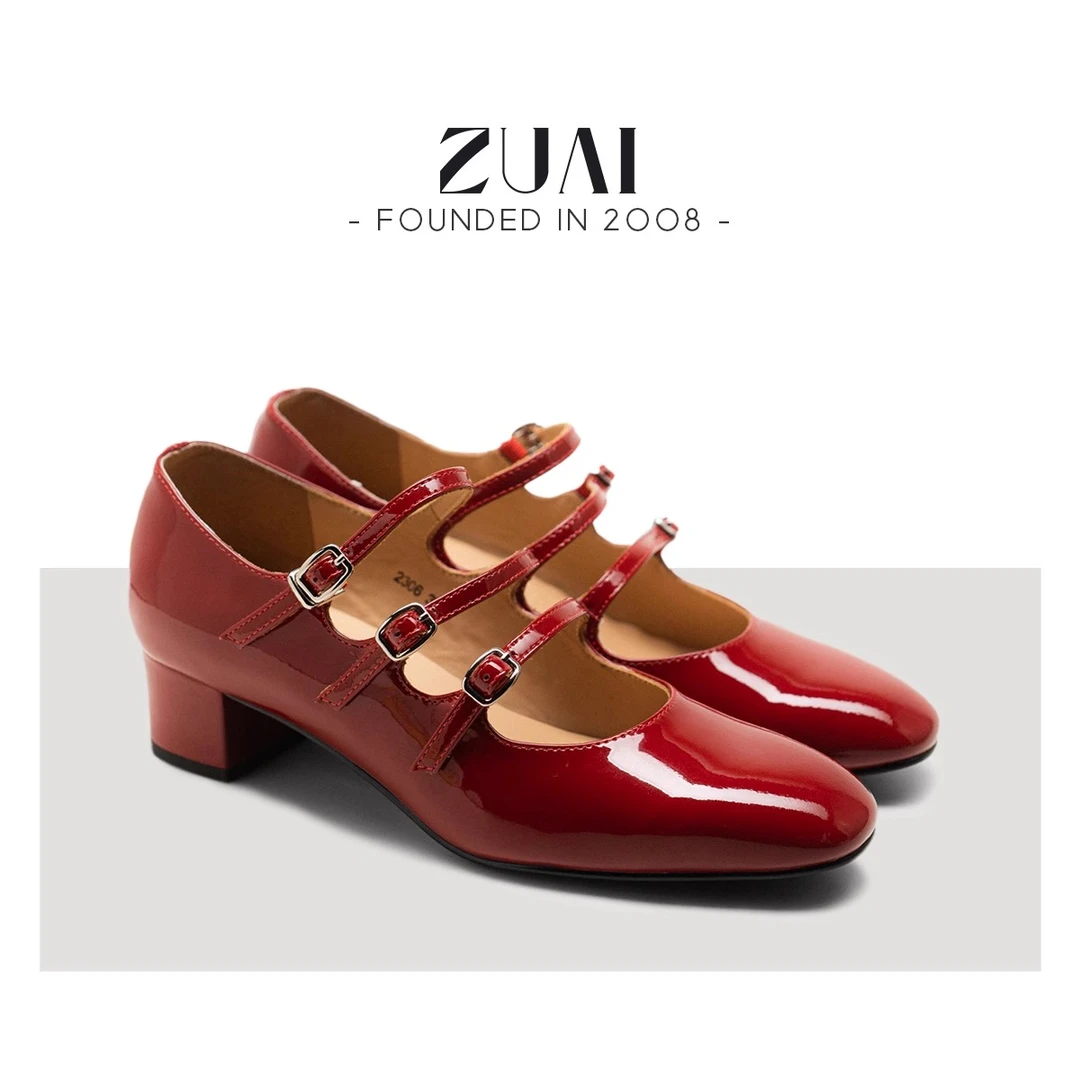 【玛丽珍芭蕾小红鞋】粗高跟牛漆皮水染牛皮里24ZUAI215