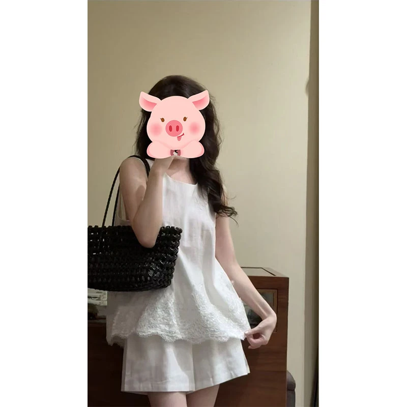 新款后开衩慵懒风百搭无袖上衣短裤夏日绝美套装高冷范女装两件套