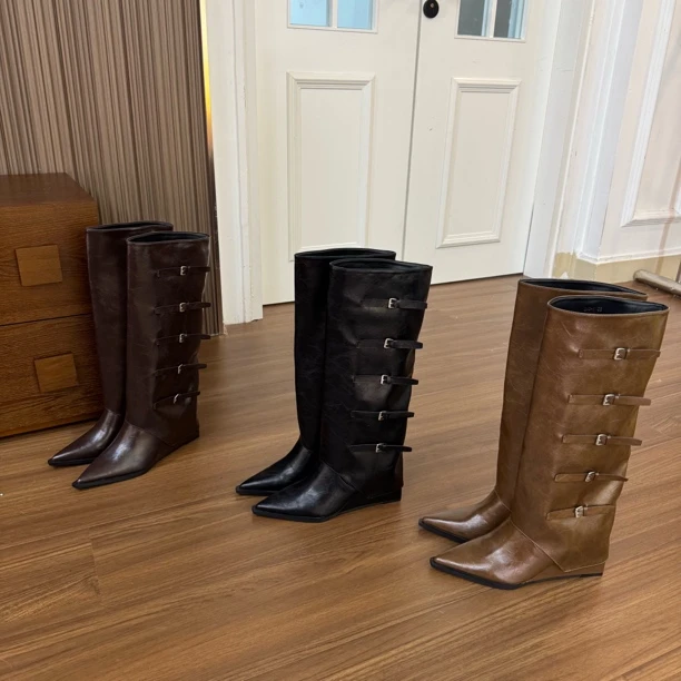 8公分裤管学时装靴长靴时尚粗跟女靴女鞋中筒高筒靴秋冬尖头长筒