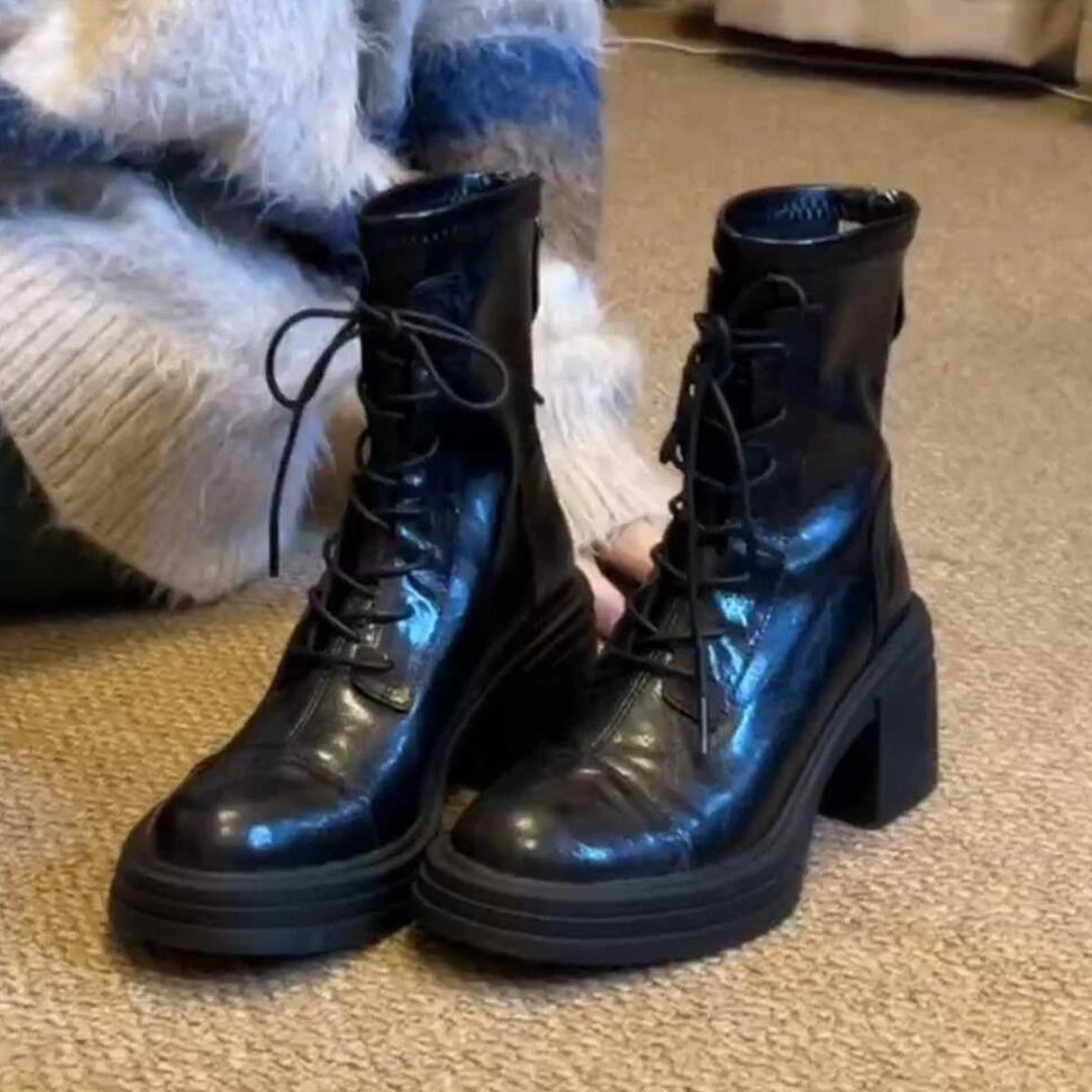 牛皮版~厚底高跟马丁靴女气质百搭真皮瘦瘦靴复古后拉链增高短靴