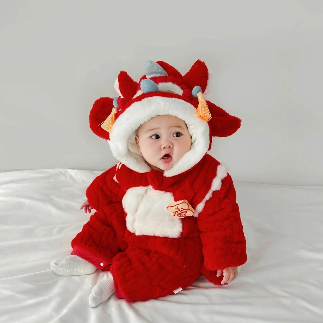婴儿连体衣服冬装宝宝拜年服加绒加厚哈衣红色喜庆超萌过年外出服