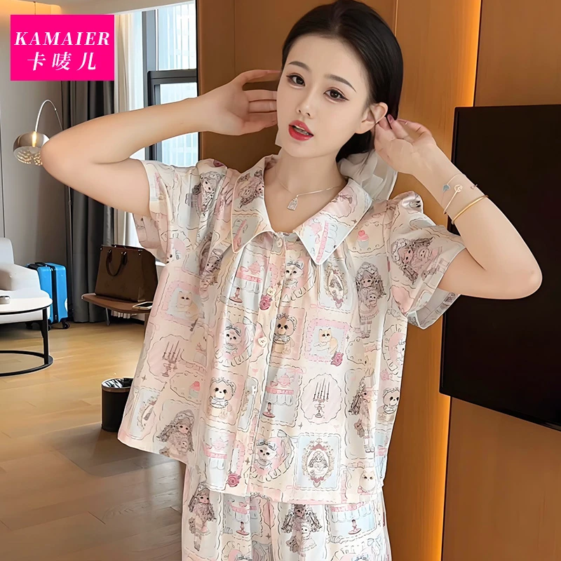 （可爱乐园）夏季气质可爱休闲显瘦短袖套装期睡衣女家居外穿睡裙女