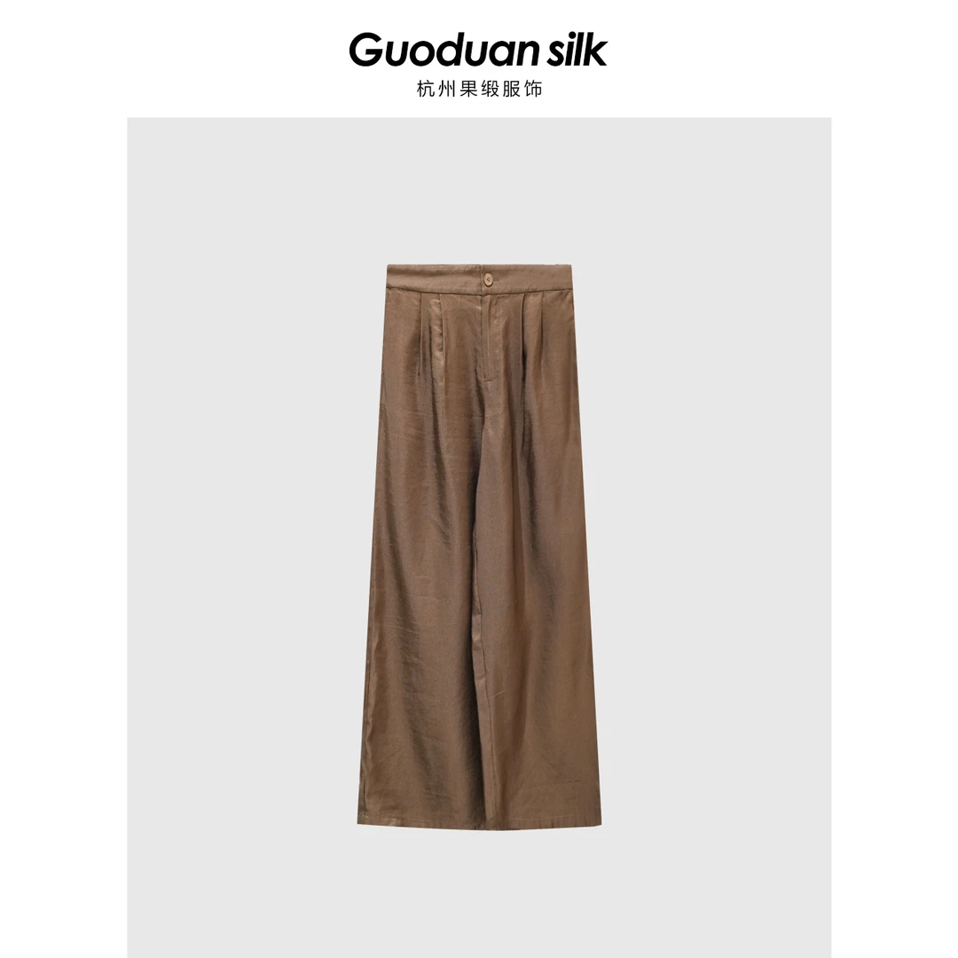 果缎夏季新款桑蚕丝亚麻宽松透气极简风阔腿直筒裤 MJX3-7256