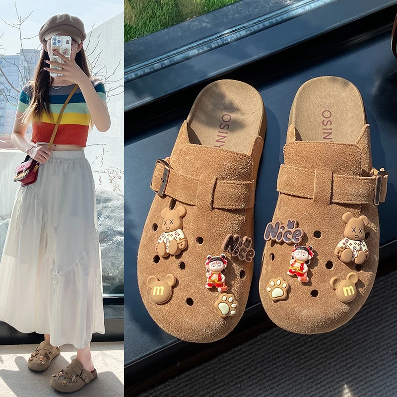 N大码女鞋可爱包头半拖鞋女夏外穿时尚复古厚底勃肯鞋