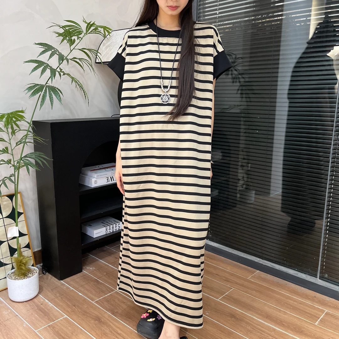 【现货】设计感条纹韩版中长款慵懒风宽松连衣裙24604