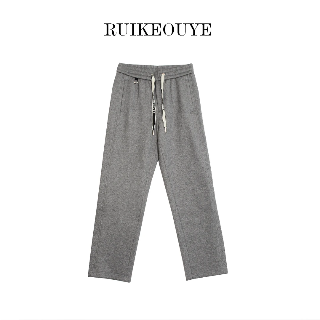 RUIKEOUYE秋冬压花拼接系带直筒宽松拉绒磨毛男士休闲裤时尚青年