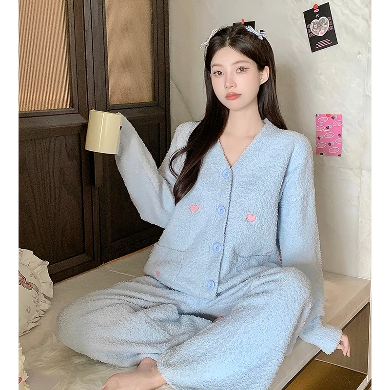 莫里伊【经典浅蓝爱心开衫】小众时尚设计休闲可外穿保暖睡衣家居服