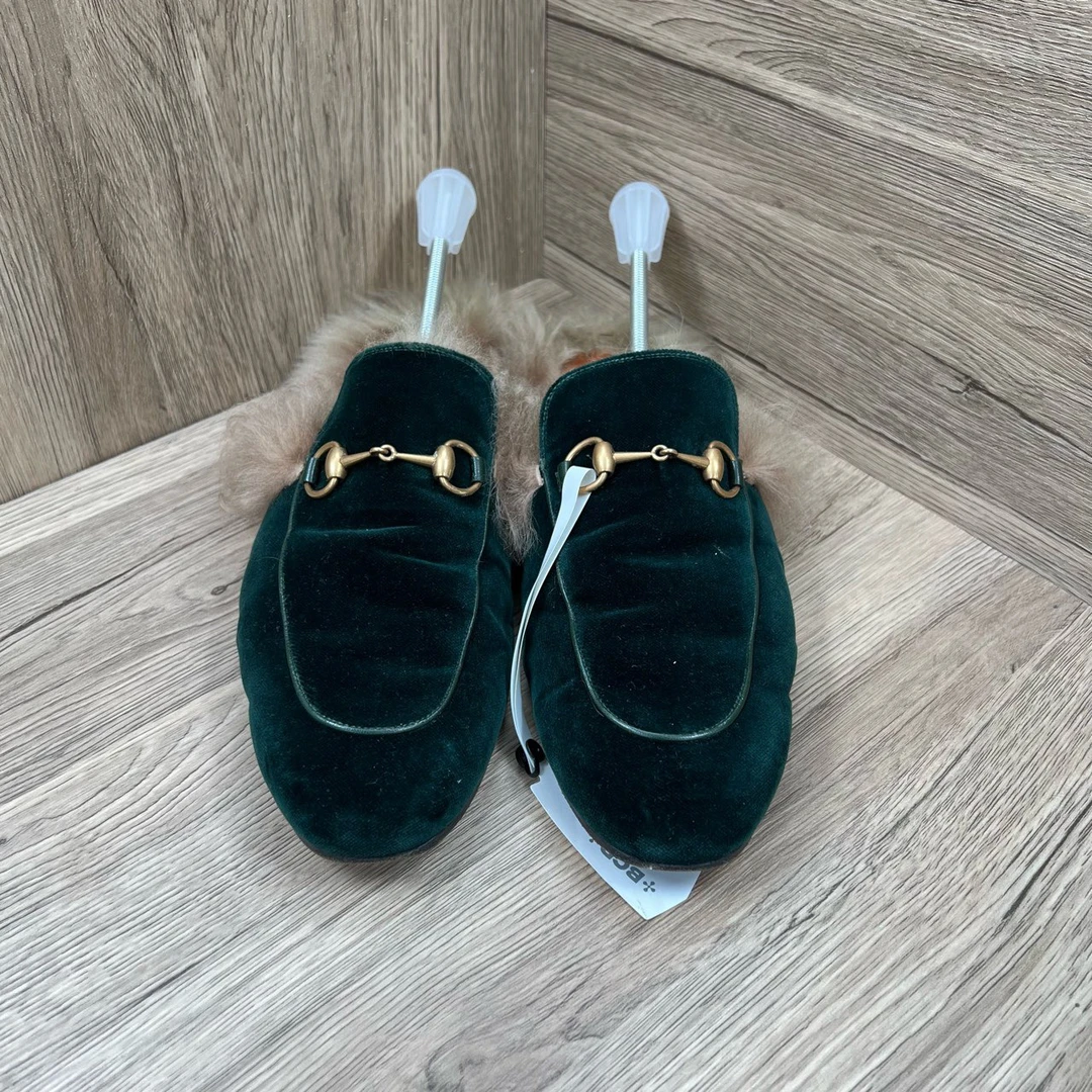 Gucci 古驰 绿色丝绒马衔扣毛毛穆勒半拖 44码/9新/无配件