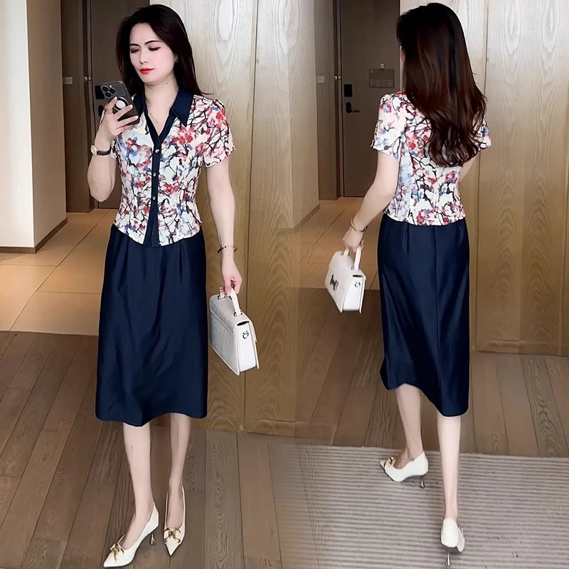 雪纺印花拼接假两件连衣裙女2025夏新款时尚洋气收腰显瘦中长裙子