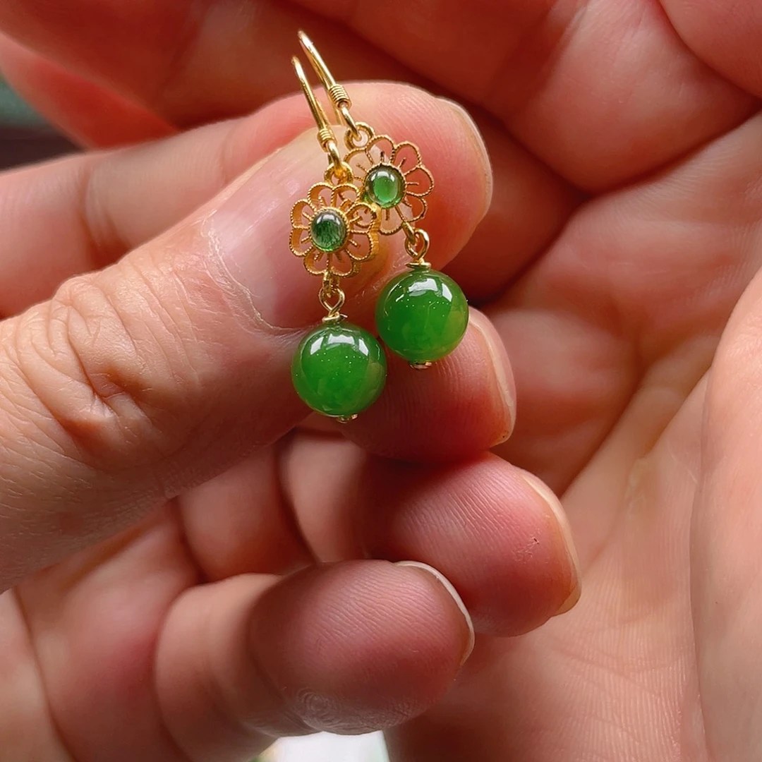 和田玉（碧玉）银S925镶嵌耳饰