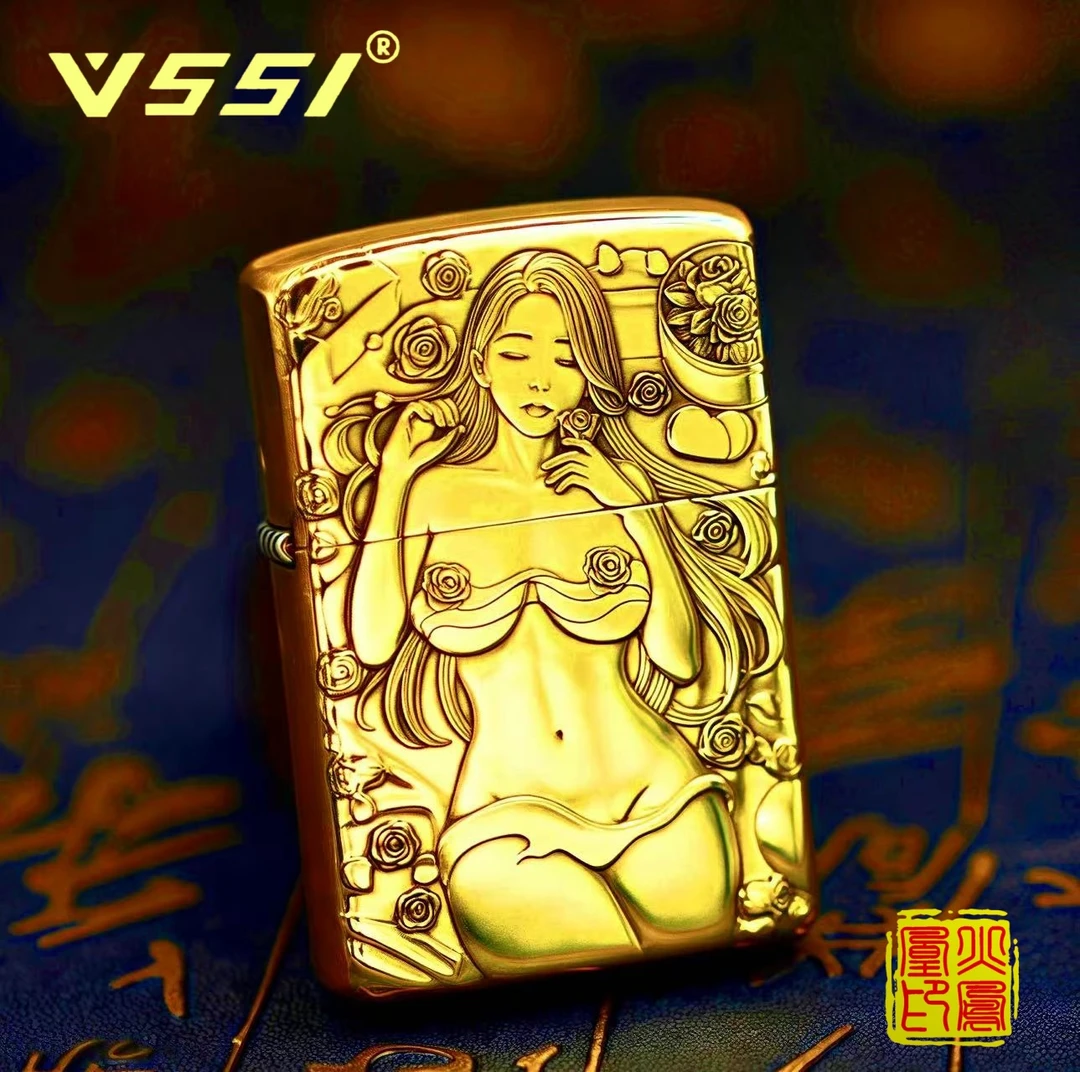 Vssi威士玫瑰女郎黄铜盔甲原创个性美女系男士防风五面雕刻打火机