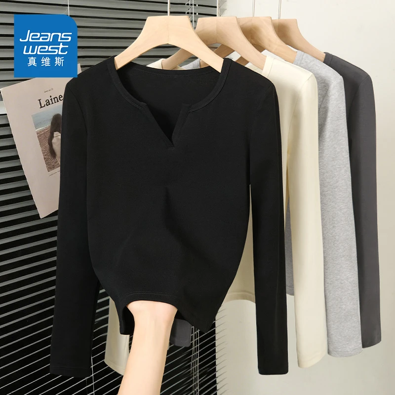 真维斯正肩长袖t恤2025新款女生秋季v领修身设计感内搭显瘦打底衫
