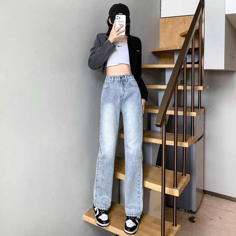 女式新品浅蓝色直筒牛仔裤裤子女高腰显瘦百搭小个子牛仔直筒裤