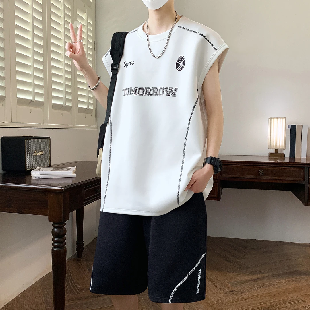 青少年2025夏季薄款潮牌时尚无袖套装重工艺设计男生百搭两件套