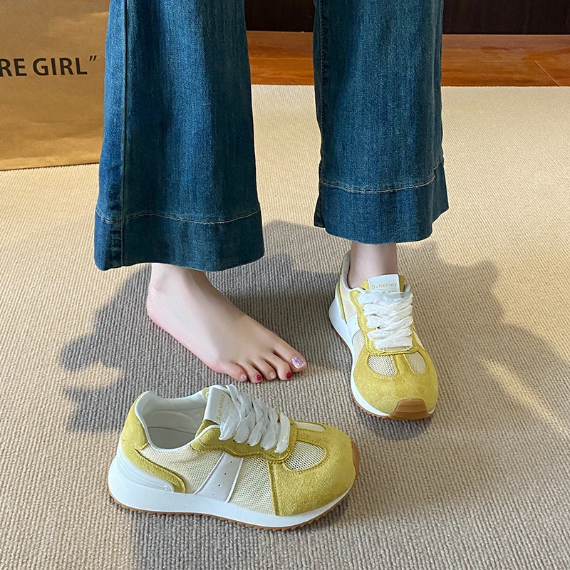 2025超火德训鞋夏季新款单网透气增高黄色板鞋轻便休闲鞋女百搭