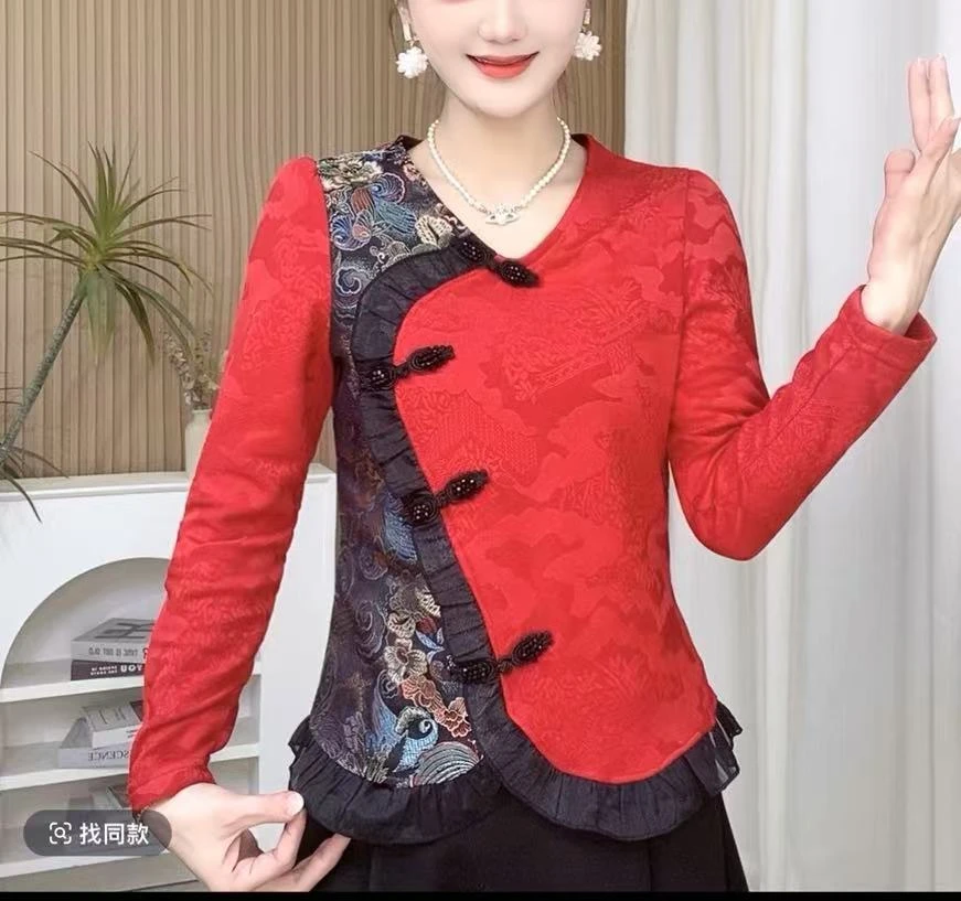 新中式国风设计感~秋冬新款加绒一体绒弹力时尚修身打底衫女79133