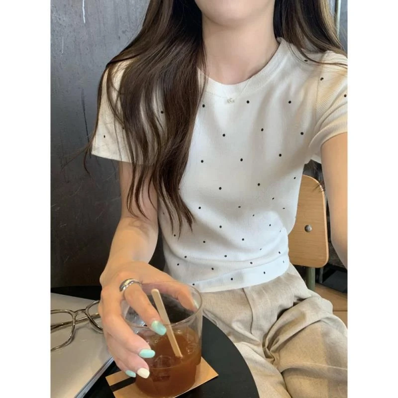 夏季纯色波点落肩袖圆领毛针织衫夏季女装cleanfit风洋气时尚