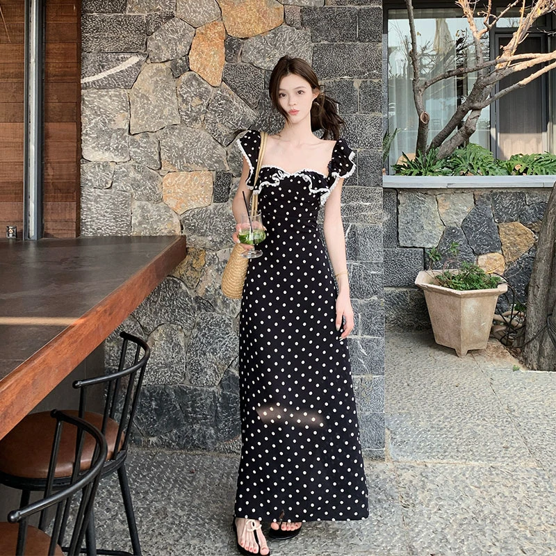 夏季新款气质修身收腰显瘦镂空方领蕾丝荷叶波点长款连衣裙长裙女