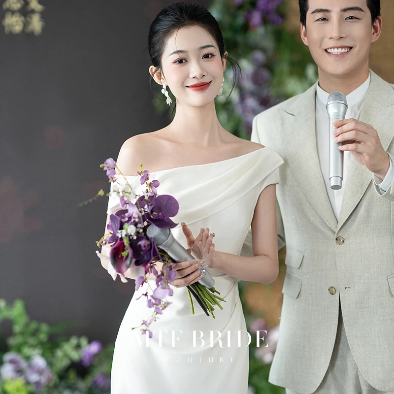 满庭芳【恋人3515】法式荡领斜肩订婚礼服高级连衣裙领证登记小白裙